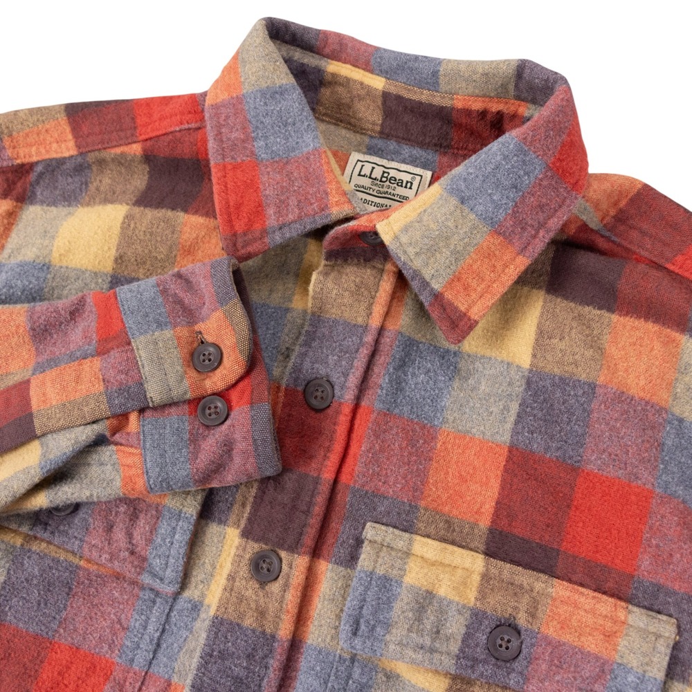 LL Bean Mens S Small Traditional Fit Flannel Shirt Plaid Orange Red 277981